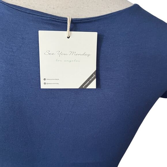 See You Monday Dress Blue Soft Knit Midi Scoop Neck Short Sleeve Size M NWT - Picture 6 of 7